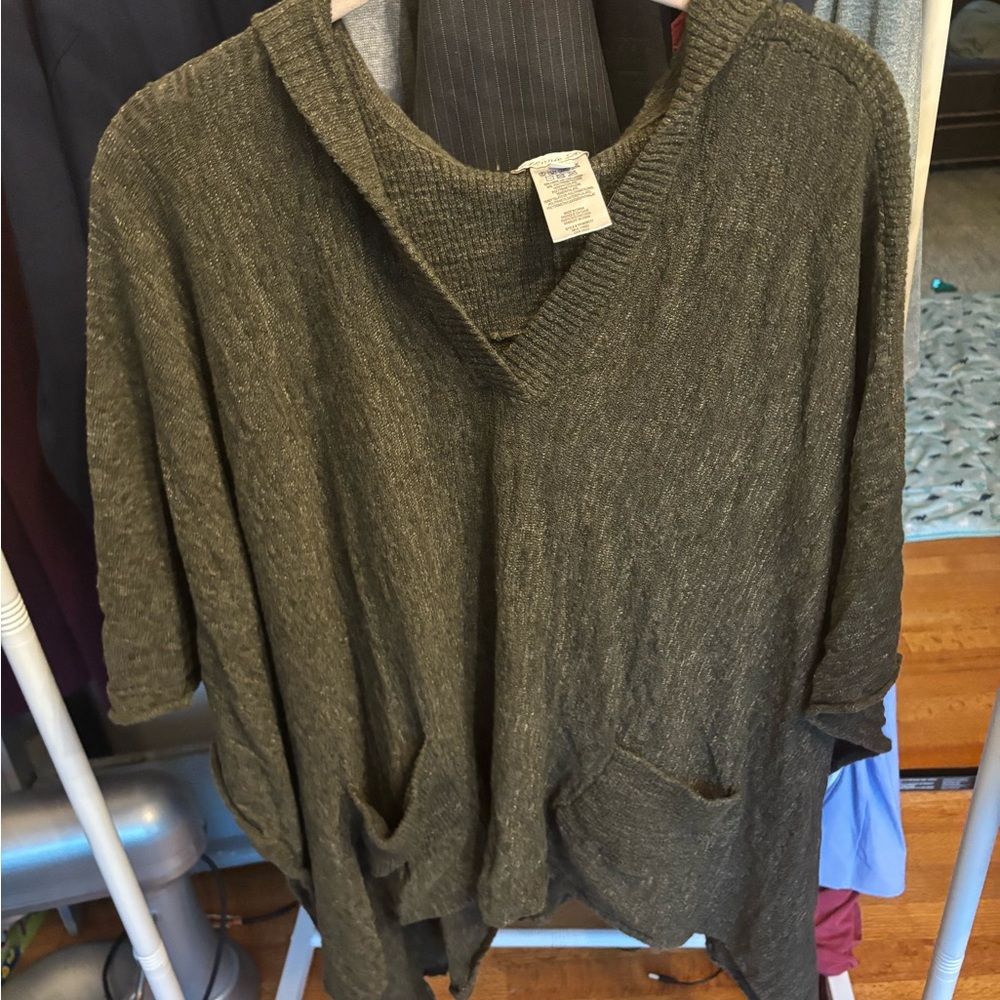 Minnie Rose Olive V-Neck Poncho Sweater